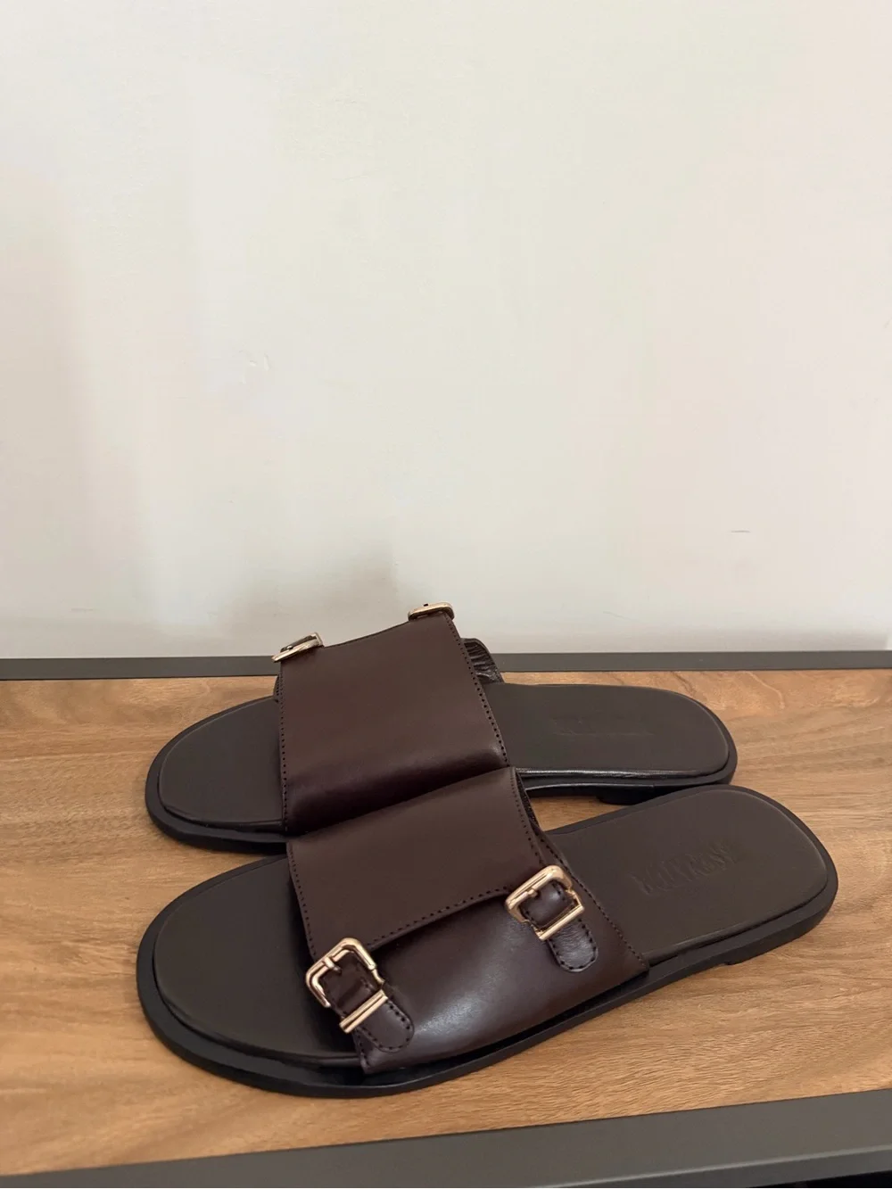 Men's Brown Leather Slide Sandals with Buckle Detail
